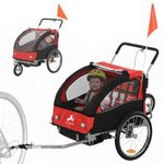 Aosom 2-Seat Bike Trailer for Kids, 2-in-1 Baby Stroller Bicycle Trailer 88 lbs Load with 5-Point Harness, Rubber Wheels, Storage, Safety Flag, Reflectors, Foldable Frame, Red