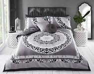 Sleepdown Duvet Cover Set - Black Grey - Paisley Mandala Geometric - Reversible Quilt Cover Easy Care Bed Linen Soft Cosy Bedding Sets with Pillowcases - Super King (220 cm x 260 cm)