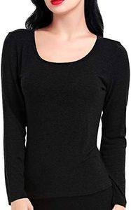 LIQQY Women's Ultra Thin Scoop Neck Long-Sleeve Thermal Underwear Shirt Top (X-Large, Black)