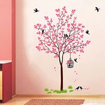 Decal O Decal PVC Vinyl Tree with Birds and Nest Botanical Wall Stickers (Pink, 120X90cm), Self-Adhesive