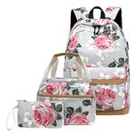 SellerFun Flower Print Canvas Girls USB Backpack Sets Women Laptop Daypack with Lunch Tote Bag Purse/Pencil Case(Grey,25L)