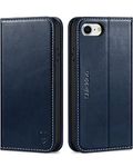 SHIELDON Wallet Case for iPhone SE 2022 4.7", Genuine Leather for iPhone SE 2020 Folio Case Kickstand Credit Card Holder Magnetic Protection Case Compatible with iPhone 8/7 - Retro Dark Blue