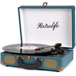 Record Player 3-Speed Bluetooth Suitcase Portable Belt-Driven Vinyl Record Player with Built-in Speakers RCA Line Out AUX in Headphone Jack Vintage Turntable Coral Blue