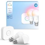 Philips Hue Bridge + 2 Essential B22 Smart Bulbs Starter Kit, White and Colour Ambience, 2200K-6500K, Dimmable LED Bulbs, Works with Alexa, Google Assistant, Samsung SmartThings, Apple Home