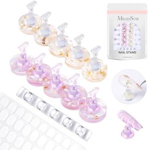 MelodySusie Nail Stand for Press Ons, Round Shell Acrylic Magnetic Base for Painting Display with Brush Holder and 100 Pcs Reusable Double-Sided Tape for Home DIY Salon Supplies