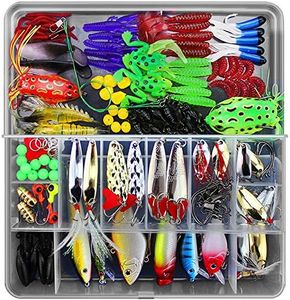 Lurowo Leurres de pêche et Cuillers ,Plastique vers,Minnow,Popper,Leurres Grenouille, artificielles pêche leurre Kit d'appâts de Pêche Portable avec Boîte (141pcs)