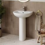 Curved Bathroom Wash Basin Sink Full Pedestal Floorstanding 1 Tap Hole Ceramic Modern Gloss White