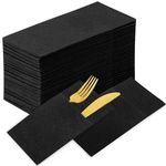 KAMMAK Dinner Napkins Disposable Black Linen-Feel Party Napkins with Built-in Flatware Pocket Absorbent Paper Hand Towels Prefolded Cloth Like Napkins for Weddings, Dinners or Events, Pack of 100