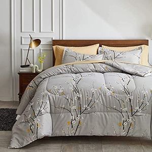 Gray Comforter Sheet Set Bed in a Bag 7 Pieces Queen Size Tree Branch Bloom Flower Spring Summer Bedding Set (1 Comforter 2 Pillow Shams 1 Tan Flat Sheet 1 Fitted Sheet 2 Pillowcases)