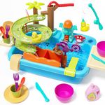 CUTE STONE Play Sink with Running Water, 4-in-1 Toy Kitchen Sink with Manual Faucet, Dishwasher Play, Water Slide Track, Fishing Toys, Pretend Water Play Sink for Kids Boys Girls