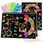 Scratch Art Book for 3-12 Year Olds, 2 Sets of Art and Craft Notebooks with 5 Wooden Styluses and 4 Drawing Templates, Rainbow Scratch Paper, Art Supplies, Birthday Gifts for Girls and Boys, Christmas, Easter Activity Gifts