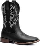 Lumeheel Cowboy Boots for Men - Western Square Toe Men's Black Boots with White Classic Embroidered, Slip on Chunky Heel for Spring Fall 11.5M Wide
