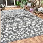 MCOW 6'x9' Boho Outdoor Rugs for Patios, Waterproof Plastic Straw Rug, Reversible Rv Area Mat Clearance for Outside, Camping, Backyard, Balcony, Picnic, Deck, Camper, Grey&White