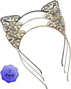 Cat Ears Headband Rhinestone Cat Hair Bands Crystal Halloween Hair Hoop Women Hairband Party Decoration Headdress Cosplay Costume Headwear Handmade Headpiece Makeup Hair Accessories 3 Pack