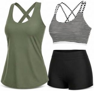 Holipick Green Black Striped Plus Size 3 Piece Tankini Swimsuits for Women Tummy Control Bathing Suits Swim Tank Top with Bra Boy Shorts Swimwear 28 Plus