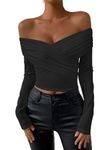 Belriviere Womens Sexy Off The Shoulder V-Neck Tops Y2K T-Shirt Slim Fit Long Sleeve Spring Autumn Blouse Going Out Tee L Black