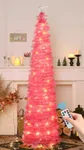 HMASYO 6 FT Pop Up Christmas Tree with 100 LED Lights & Remote, Pink Christmas Tinsel Tree, Collapsible Artificial Pencil Tree for Home Office Party Decor, USB Powered Timer Lights, Easy Assembly