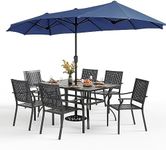 PHI VILLA 7 Pieces Patio Dining Set for 6 with 13ft Large Patio Umbrella, Metal Outdoor Stackable Wrought Iron Chair Set of 6 & 60"X38" Metal Dining Table,Market Table Dark Blue Umbrella