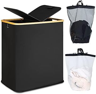 efluky Laundry Hamper with Lid, Double Laundry Hamper with 2 Removable Bags, 2 Section Laundry Hamper with Bamboo Handles for Bedroom, Bathroom & Laundry Room, 140L (36.9 Gallon) Black