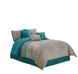 Chezmoi Collection Noriko Luxury 7-Piece Teal Cherry Blossoms Floral Embroidery Bedding Comforter Set, King