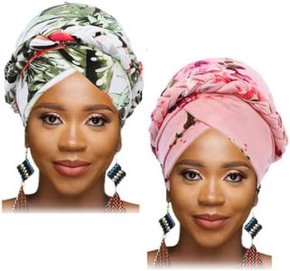 Woeoe African Turban Head Wrap Pink Pattern Head Scarf Soft Flower Print Head Cover Cap Headwear for Women and Girls(Pack of 2), Green