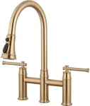 Brushed Bronze Bridge Kitchen Faucet with Pull Down Sprayer, Lava Odoro Transitional Bronze Gold Kitchen Sink Faucet 3 Hole 2 Handle Antique Brass Bridge Kitchen Faucet, KF501-BB