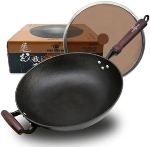 Cast Iron Wok Pan, 13.4" Preseasoned Nonstick Stir-Fry Pans, Flat Bottom Wok with Glass Lid and Wood Handle, Uncoated Traditional Chinese Wok for Induction, Electric, Gas Stoves