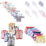 Fareto® New Born Baby Essential Items in Single Pack 6 Baby Vest/6 Baby Front Open Full Sleeves Shirt/6 Teddy Print Single Layer Nappies/ 6 Pair of Mittens(0-6 Months, Multicolored)