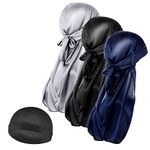 Molain Men 3 Pieces Silk Wave Cap and 1Pcs Silky Durag Caps with Long Tail Headwraps Elastic Durags Soft Breathable Silky Stocking Wave Hair Cap Perfect for 360/720 Waves (Black&Silver&Navy)