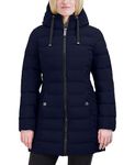 Nautica Women's 3/4 Stretch Puffer Jacket with Fur Hood and Half Back, Blue, X-Large