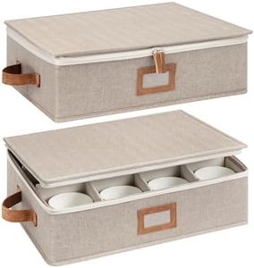 StorageWorks China Storage Container, Stackable Mug Storage Box with Dividers, Stemware Storage Cases, Hard Shell China Cup Organizer, Holds 12 Tea Cups and Coffee Mug, 2 Pack, Brown and Beige