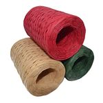 3 Rolls 100M Christmas Matte Raffia Paper Ribbon,Natural Red Green Raffia Paper Ribbon Xmas Raffia Twine Paper Ribbons Recyclable String Packing Ribbon Raffia Yarn for Gift Wrapping