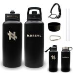 NORSVL Premium Stainless Steel Insulated Water Bottle 1L, Double Wall Vacuum Insulated Bottle, Sports Water Bottle, Hot & Cold Thermos Flask, with 3 Lids, Paracord Handle, Bumper - Abyss Black