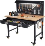 ACONEE 48"x 24" Workbench for Garage, Heavy Duty Workstation with Drawer Storage, Backplate, 2000LB Load Capacity, Multipurpose Rubber Wood Shop Table with Power Outlets, Hooks, Hardwood Workbench