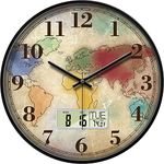 Modern Round Retro Digital and Analog Wall Clock Silent Calendar Colorful World Map Vintage Clocks with Date and Temperature Week Quiet Non-Ticking Kid Room Office Kitchen Decor for Bedroom 14 Inch