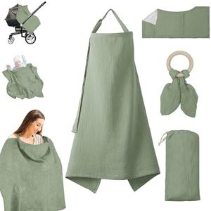 Muslin Nursing Cover for Breastfeeding - Breathable 100% Cotton With Rigid Hoop for Mom (Green)