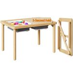 FUNLIO Foldable Wooden Sensory Table for Toddlers with 2 Bins, Kids Sensory Table with Anti-Warping Plywood Lid, Indoor/Outdoor Play Sand and Water, CPC Certified