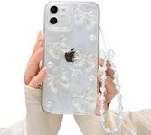 Ownest Compatible with iPhone 12 Case with Clear Cute Bling 3D Bowknots Pearl Aesthetic Patterns for Women Teen Girls, Glitter Sparkle Back and Lens Protection Phone Case Cover + Chain