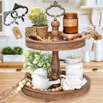 2 Tiered Tray Stand [Includes 3 Changeable Handles] - Stunning Coffee Table Tray or Rustic Cupcake Stand, Beautiful Wooden Serving Tray, Rustic Home Decor for Kitchen, Tiered Serving Tray (Brown)