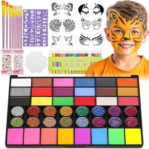 Flasoo Face Painting Kit with Stencils, 42 Colors Non Toxic Face Paint with 16 Face Paint Crayons, 6 Reusable Face Painting Stencils, 40 Sticky Stencils for Party and Halloween