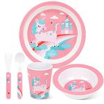 Lehoo Castle Kids Dinnerware Set, 5Pcs Unicorn Kids Plates and Bowls Set, Inlcudes Toddler Utensils and Plate, Bowl, Dishwasher Safe, BPA Free