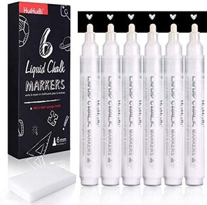 HUIHUIBI White Chalk Markers,6 Pack Set White Liquid Chalk Pens,White Dry Erase Marker Pen for Blackboard,Windows,Chalkboards,Glass,Signs,Bistro