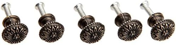 Dophee 5Pcs 0.67"x 0.59" Antique Brass Cabinet Knobs, Round Vintage Drawer Pull Knob, Jewelry Box Pull Handle, Antique Bronze Cupboard Wardrobe Flower Pattern Knob