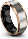 Midnight Rose Collection Tungsten Wedding Band Ring 8mm for Men Women 18k Rose Gold Plated Bevel Edge Black Grey Brushed Polished Size 10