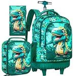 3PCS Rolling Backpack for Boys, 19 Inches Travel Roller Bookbag with Wheels, Dinosaur School Wheeled Backpacks with Lunch Box (Green)