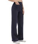 SotRong Straight Leg Leisure Trousers for Women High Waisted Button Multiple Pockets Pull On Casual Pants Wide Leg Elasticated Waist Stretchy Trousers Style Yoga Pants Ink Blue M