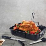 Delux Turkey Roaster Lasagna Pan Set for Roasting Thanksgiving Turkey, Chicken, Meat & Vegetables, with Stainless Steel Turkey Baster Turkey Lifter and Carving Knife n Fork Set