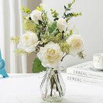 PERFNIQUE Fake Flowers with Vase, Silk Rose Faux Flower in Vase, Artificial Flowers Bouquet for Living Room Bathroom Plant Decor, Floral Arrangement for Dining Table Centerpiece (White)