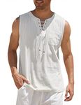 COOFANDY Mens Fashion T Shirt Cotton Tee Shirts Sleeveless Tank Top Lace Up Beach Hippie Bohemian Renaissance Pirate Tunic White