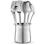 Premium Stainless-Steel Kitchen Utensil Set - 7-Piece Heat Resistant Kitchen Gadgets - Cooking Utensils Set - Weighted Utensil Holder for Stability - Ladle, Turner, Spoon, Pasta Server, Utensil Caddy.